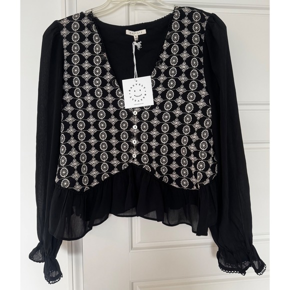 Tops - Baevely Black Long Sleeve Blouse with White Floral Embroidery Womens Size S NWT